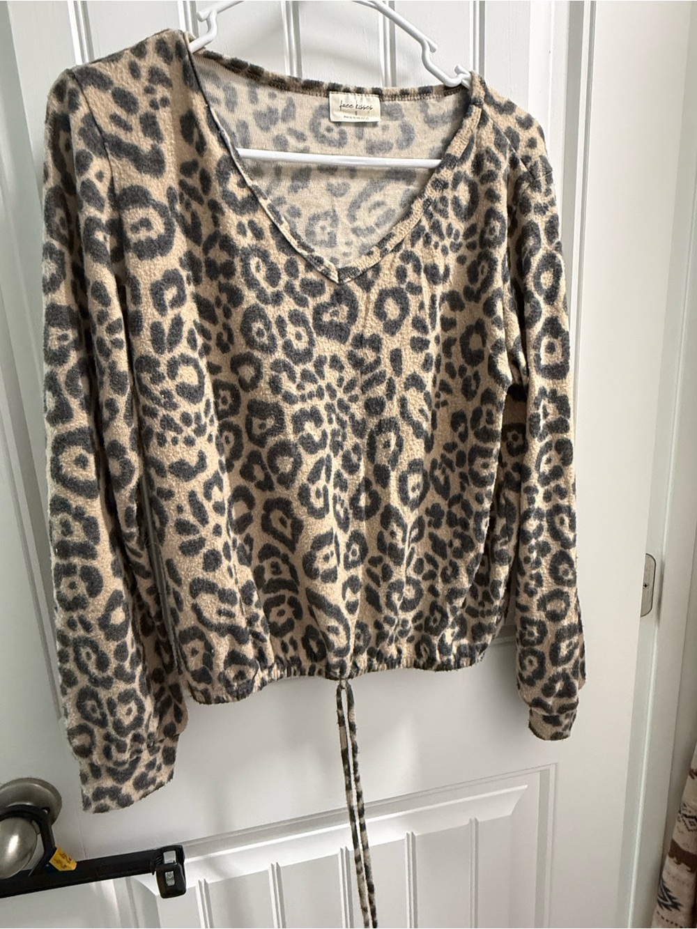Free Kisses Beige and Black Leopard-Print V-Neck Drawstring Sweatshirt